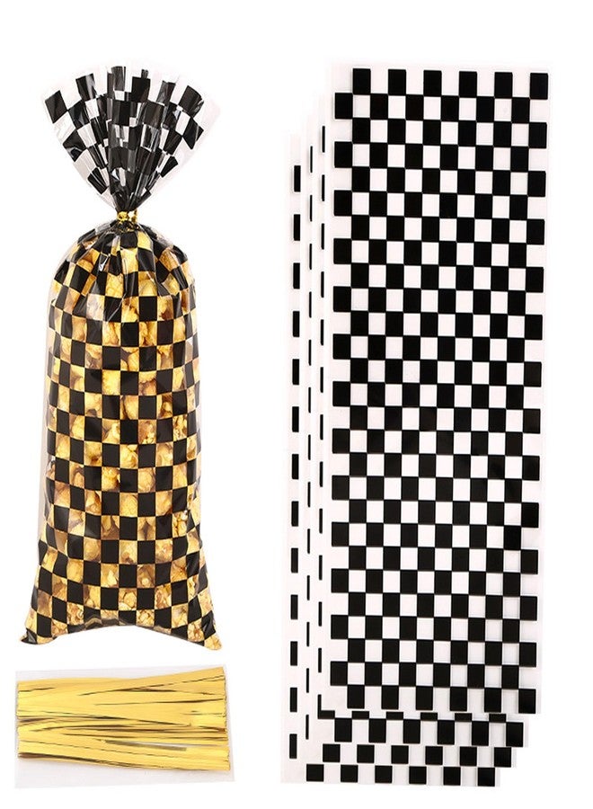 CSTYWC 50 Pieces Cellophane Car Candy Bags Black White Checkered Racing Treat Bags Plastic Race Gift Goodie bags with 50Pieces Twist Ties for Cars Birthday Party Decorations - Image 1